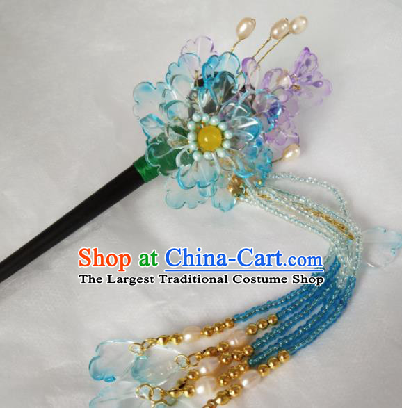 Chinese Ancient Hanfu Blue Flowers Tassel Hairpins Traditional Handmade Hair Accessories for Women