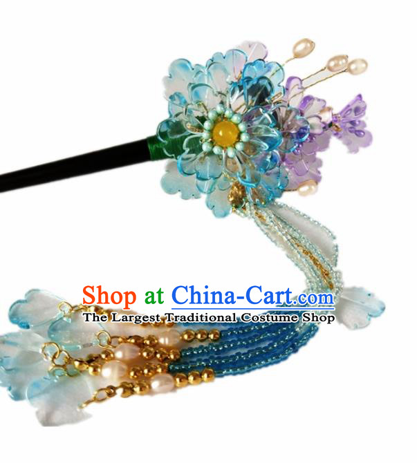 Chinese Ancient Hanfu Blue Flowers Tassel Hairpins Traditional Handmade Hair Accessories for Women