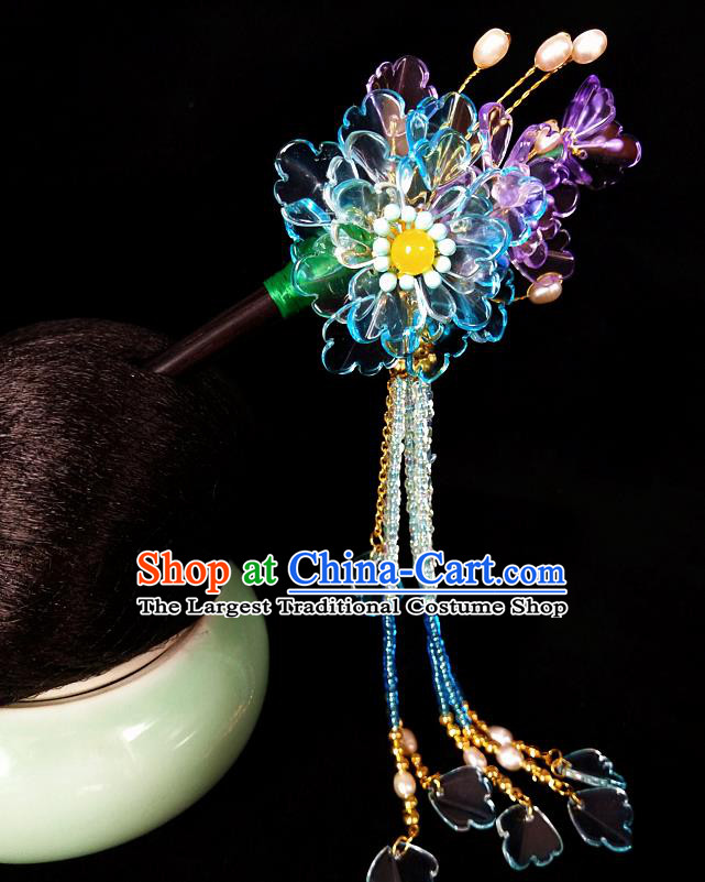 Chinese Ancient Hanfu Blue Flowers Tassel Hairpins Traditional Handmade Hair Accessories for Women