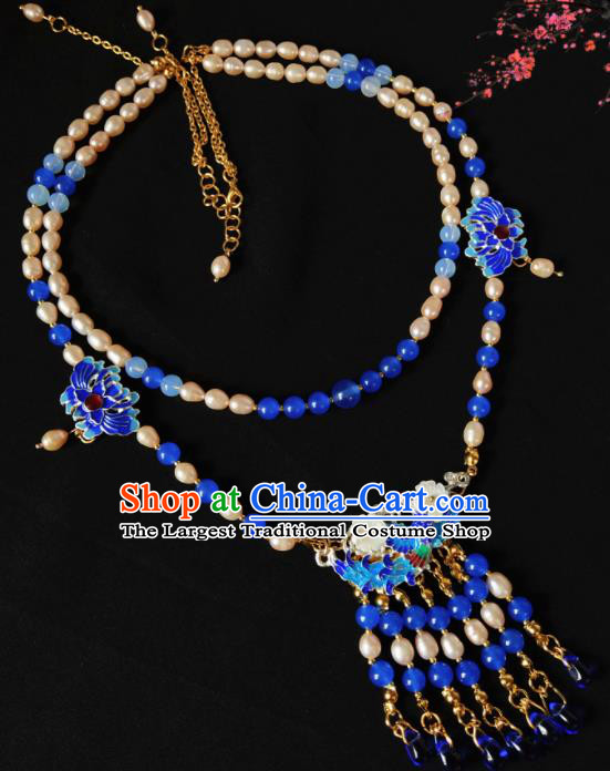 Chinese Ancient Hanfu Blueing Tassel Necklace Traditional Necklet Jewelry Accessories for Women