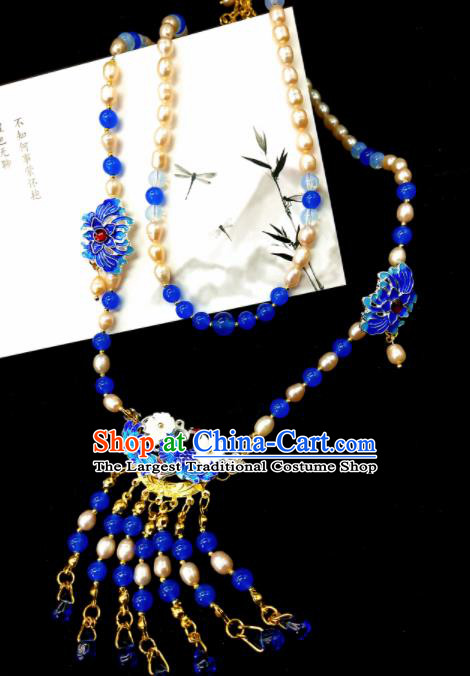 Chinese Ancient Hanfu Blueing Tassel Necklace Traditional Necklet Jewelry Accessories for Women