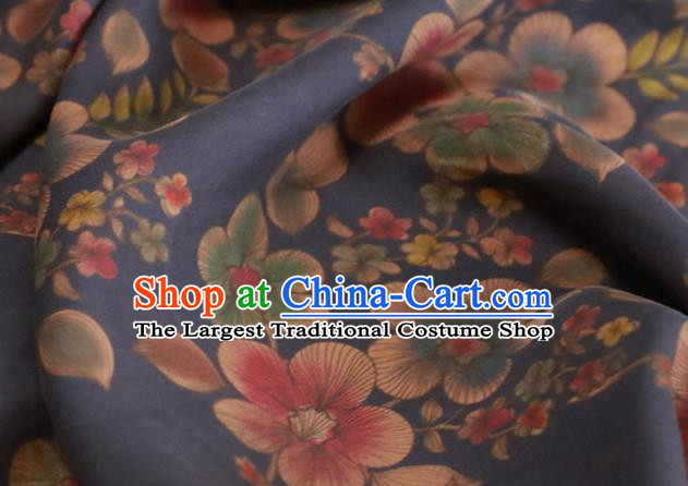 Chinese Traditional Peach Flowers Pattern Design Navy Satin Brocade Fabric Asian Silk Material