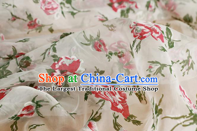 Chinese Traditional Roses Pattern Design Cheongsam White Satin Brocade Fabric Asian Silk Material