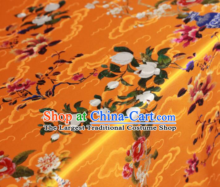 Chinese Traditional Yulan Magnolia Pattern Design Orange Satin Brocade Fabric Asian Silk Material