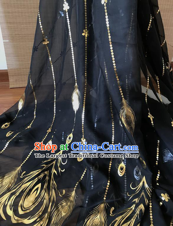 Chinese Traditional Feather Pattern Design Black Chiffon Hanfu Brocade Fabric Asian Silk Material