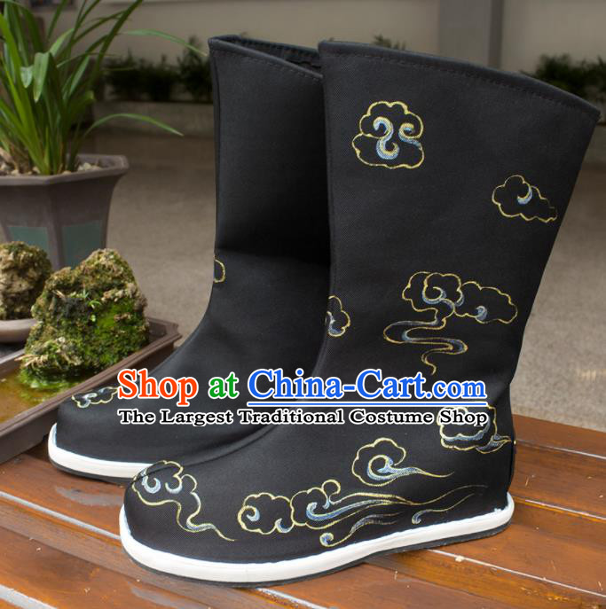 Asian Chinese Ancient Swordsman Printing Cloud Black Boots Taoist Priest Shoes Traditional Hanfu Shoes for Men