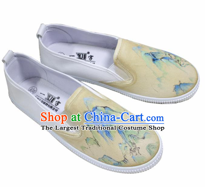 Asian Chinese Ancient Swordsman Printing Yellow Cloth Shoes Traditional Hanfu Shoes for Men
