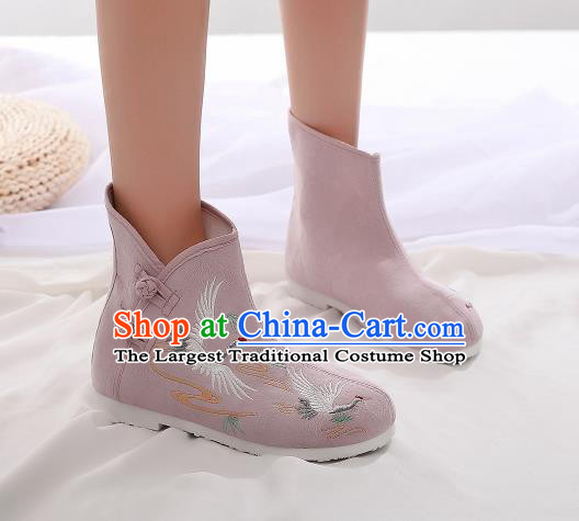 Asian Chinese Traditional Embroidered Crane Pink Boots Hanfu Shoes National Cloth Shoes for Women