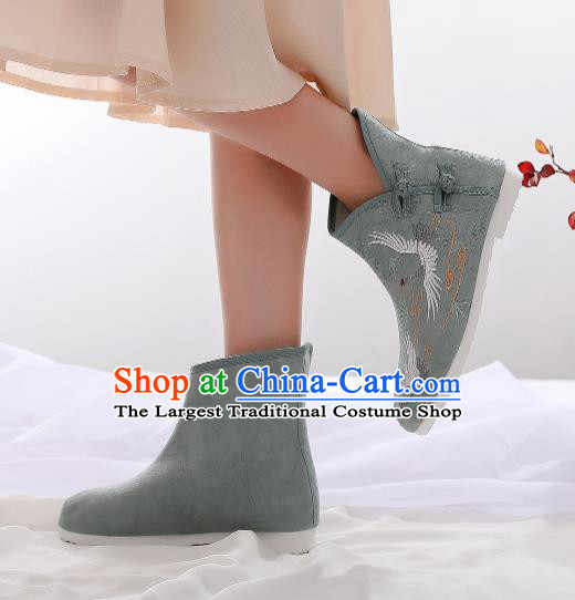Asian Chinese Traditional Embroidered Crane Green Boots Hanfu Shoes National Cloth Shoes for Women