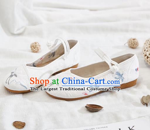 Asian Chinese Traditional Embroidered Crane White Shoes Hanfu Shoes National Cloth Shoes for Women