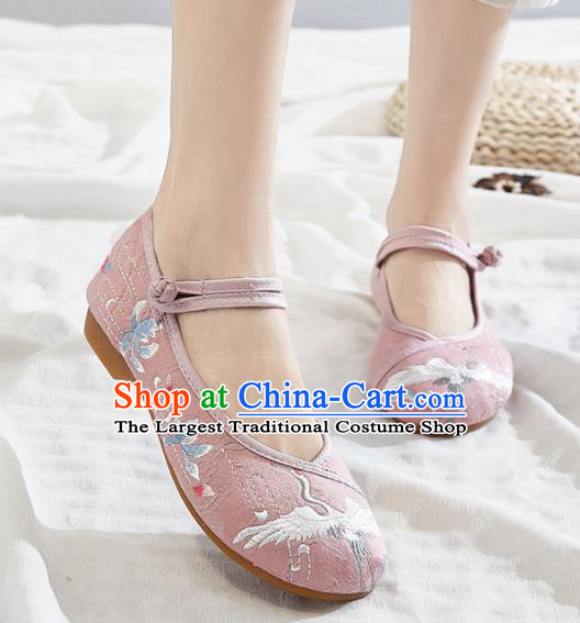 Asian Chinese Traditional Embroidered Crane Pink Shoes Hanfu Shoes National Cloth Shoes for Women