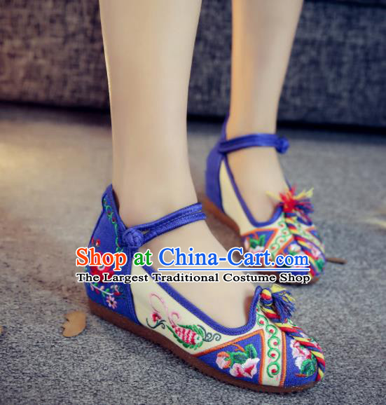 Asian Chinese Traditional Ethnic Dance Royalblue Embroidered Shoes Hanfu Wedding Shoes National Cloth Shoes for Women