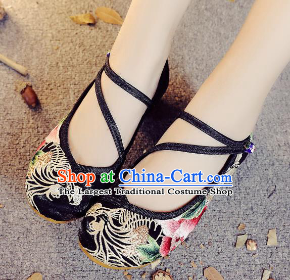 Asian Chinese Traditional Dance Embroidered Phoenix Peony Black Shoes Hanfu Wedding Shoes National Cloth Shoes for Women