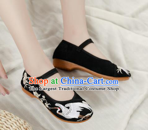 Asian Chinese Classical Dance Embroidered Crane Black Shoes Traditional Hanfu Shoes National Cloth Shoes for Women