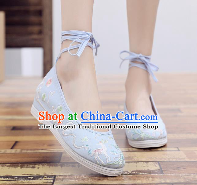 Asian Chinese Classical Dance Embroidered Deer Blue Shoes Traditional Hanfu Shoes National Cloth Shoes for Women