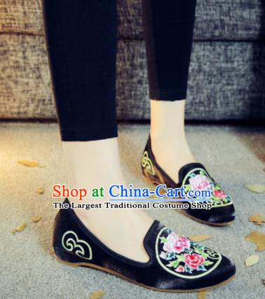 Asian Chinese National Black Cloth Shoes Embroidered Peony Dance Shoes Traditional Hanfu Shoes for Women