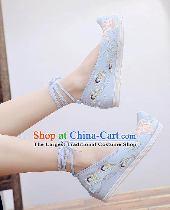 Asian Chinese National Dance Blue Cloth Shoes Embroidered Peony Shoes Traditional Hanfu Shoes for Women