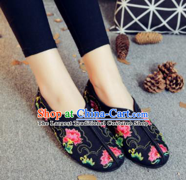 Asian Chinese Traditional Embroidered Peony Black Shoes Hanfu Wedding Shoes National Cloth Shoes for Women