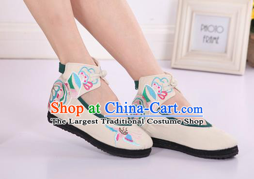 Asian Chinese National Embroidered Butterfly White Cloth Shoes Classical Dance Shoes Traditional Hanfu Shoes for Women