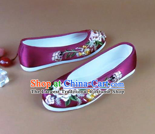 Asian Chinese National Embroidered Peony Purple Shoes Ancient Princess Satin Shoes Traditional Hanfu Shoes for Women