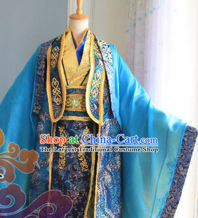 Custom Chinese Ancient Royal Highness Blue Clothing Traditional Cosplay Emperor Swordsman Costume for Men