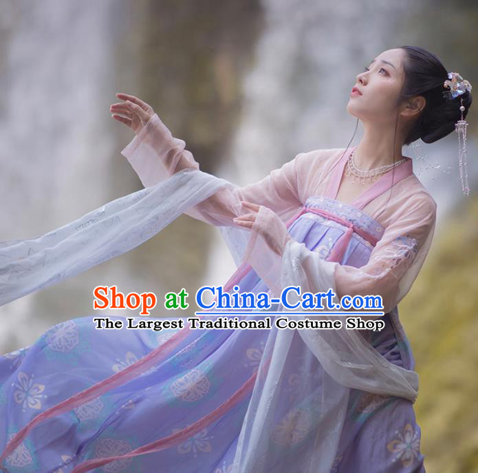 Chinese Ancient Tang Dynasty Palace Lady Lilac Hanfu Dress Traditional Court Maid Costumes for Women