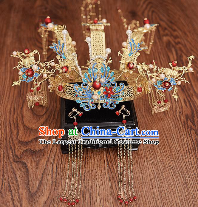 Chinese Ancient Bride Phoenix Coronet Tassel Hairpins Traditional Hanfu Wedding Hair Accessories for Women