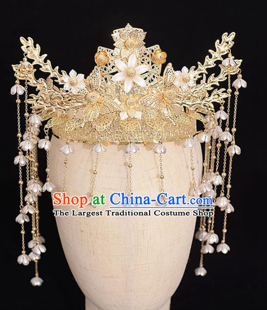 Chinese Ancient Bride Golden Butterfly Phoenix Coronet Tassel Hairpins Traditional Hanfu Wedding Hair Accessories for Women