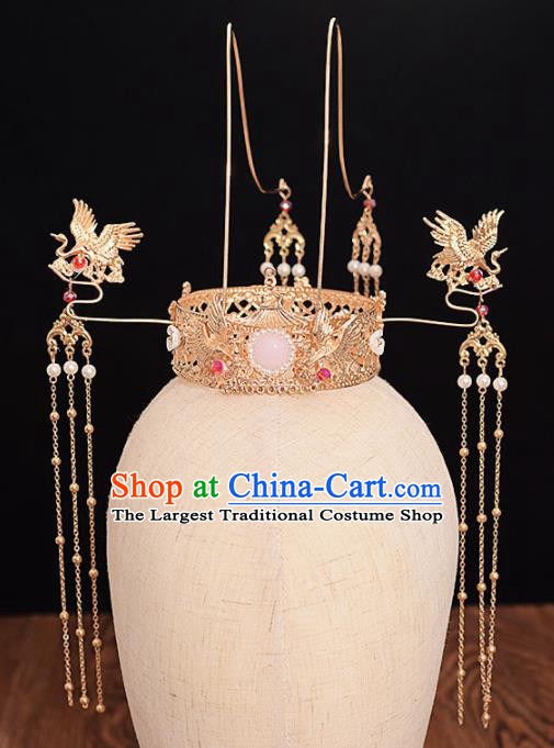 Chinese Ancient Bride Golden Crane Phoenix Coronet Tassel Hairpins Traditional Hanfu Wedding Hair Accessories for Women