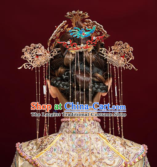 Chinese Ancient Bride Cloisonne Phoenix Coronet Hairpins Traditional Hanfu Wedding Hair Accessories for Women