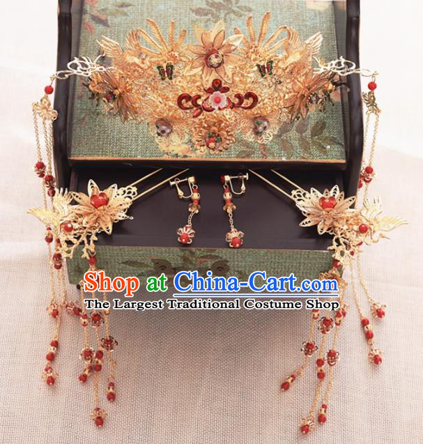 Chinese Ancient Bride Ceramics Bead Phoenix Coronet Hairpins Traditional Hanfu Wedding Hair Accessories for Women
