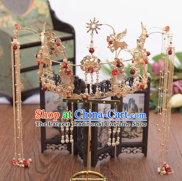 Chinese Ancient Bride Crane Tassel Phoenix Coronet Hairpins Traditional Hanfu Wedding Hair Accessories for Women