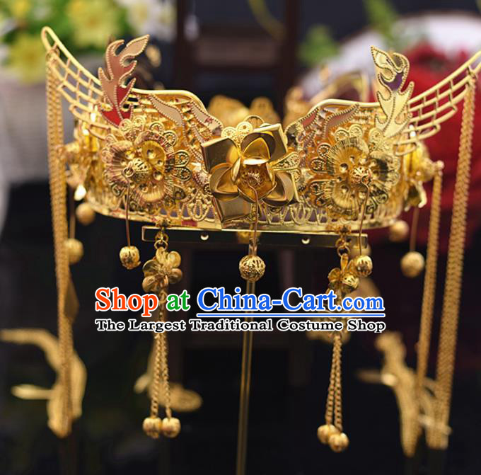 Chinese Ancient Bride Golden Flowers Phoenix Coronet Tassel Hairpins Traditional Hanfu Wedding Hair Accessories for Women