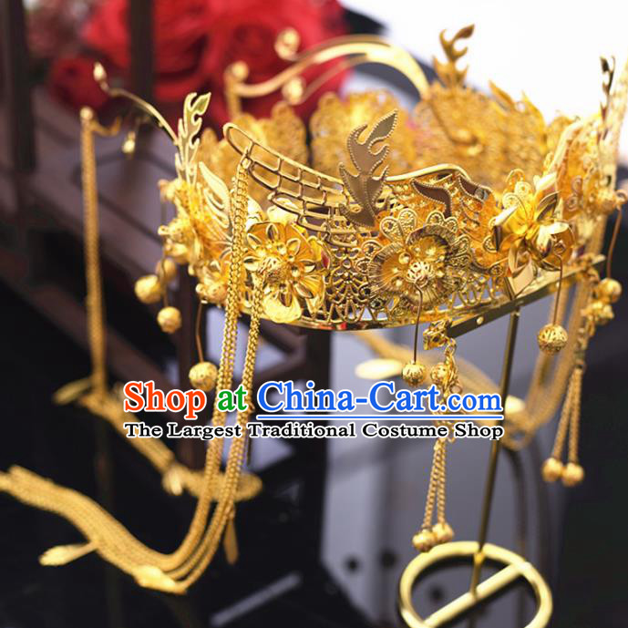 Chinese Ancient Bride Golden Flowers Phoenix Coronet Tassel Hairpins Traditional Hanfu Wedding Hair Accessories for Women