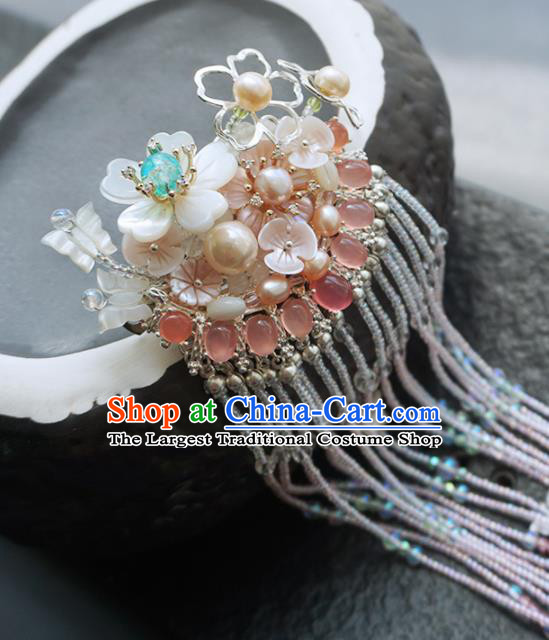 Chinese Ancient Princess Hairpins Pink Pearls Tassel Hair Claw Traditional Handmade Hanfu Hair Accessories for Women
