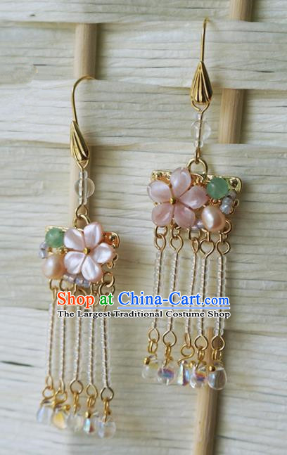 Chinese Ancient Court Pink Flower Tassel Earrings Traditional Princess Hanfu Wedding Ear Accessories for Women