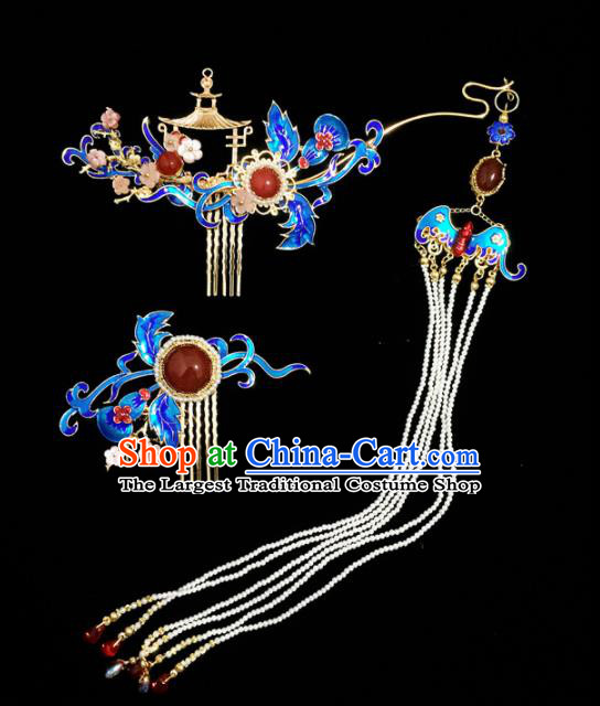 Chinese Ancient Princess Blueing Hair Comb Tassel Hairpins Traditional Handmade Hanfu Hair Accessories for Women