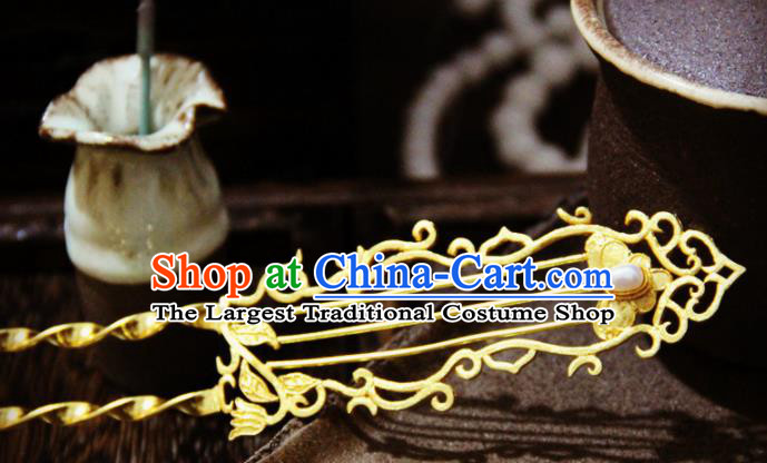 Ancient Chinese Ming Dynasty Princess Pearl Golden Hairpins Traditional Hanfu Court Hair Accessories for Women