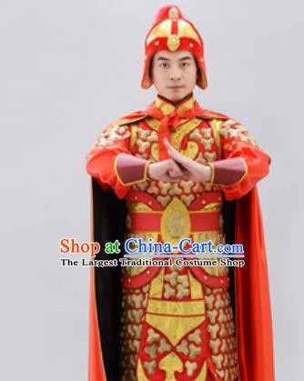 Traditional Chinese Ancient Drama Costumes Chinese Ming Dynasty Warrior Red Helmet and Armour for Men