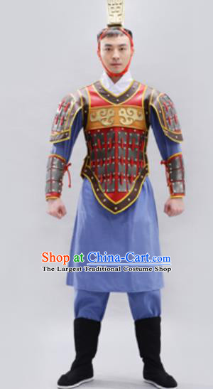 Traditional Chinese Qin Dynasty Warrior Blue Helmet and Armour Ancient Drama General Costumes for Men