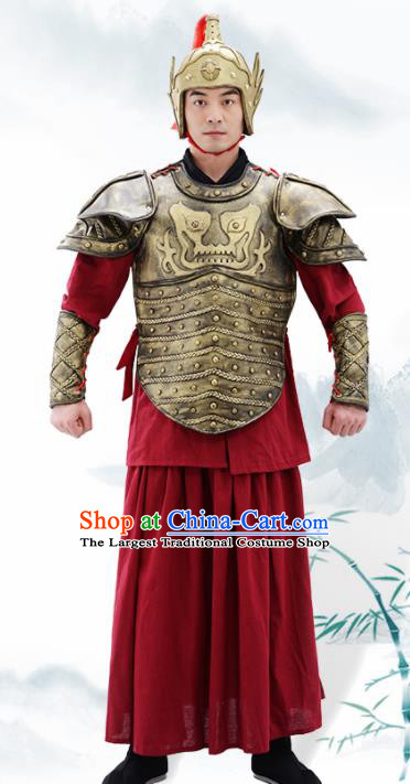 Traditional Chinese Ming Dynasty Warrior Helmet and Armour Ancient Drama General Costumes for Men