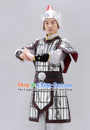 Traditional Chinese Tang Dynasty Warrior Argent Helmet and Armour Ancient Drama General Costumes for Men