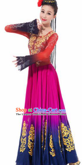 Traditional Chinese Uyghur Nationality Ethnic Costume Uigurian Minority Dance Rosy Silk Dress for Women
