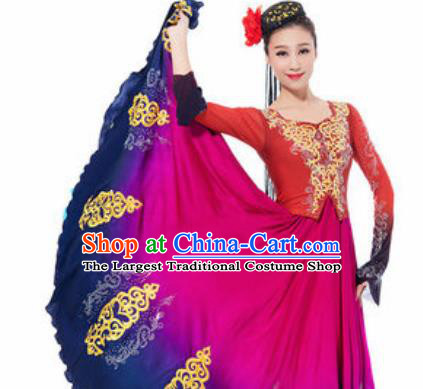 Traditional Chinese Uyghur Nationality Ethnic Costume Uigurian Minority Dance Rosy Silk Dress for Women