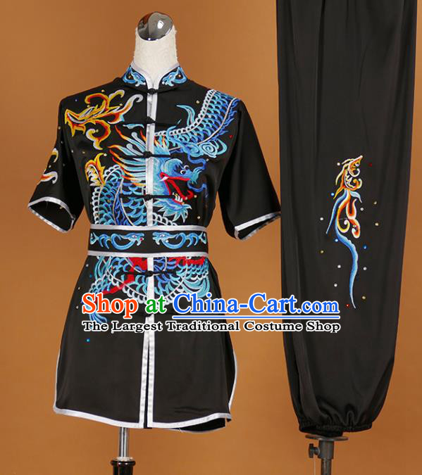 Chinese Traditional Martial Arts Competition Embroidered Dragon Black Costume Kung Fu Tai Chi Training Clothing for Men