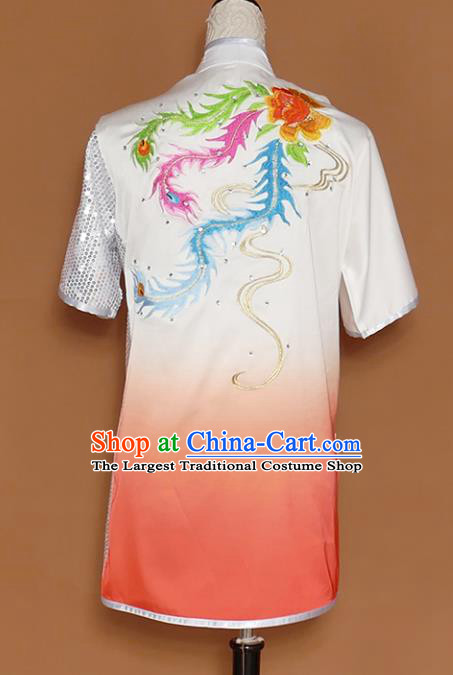 Chinese Traditional Best Martial Arts Embroidered Phoenix Peony Orange Costume Kung Fu Competition Tai Chi Clothing for Women