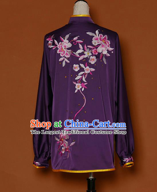 Chinese Traditional Best Martial Arts Embroidered Peony Purple Costume Kung Fu Competition Tai Chi Clothing for Women
