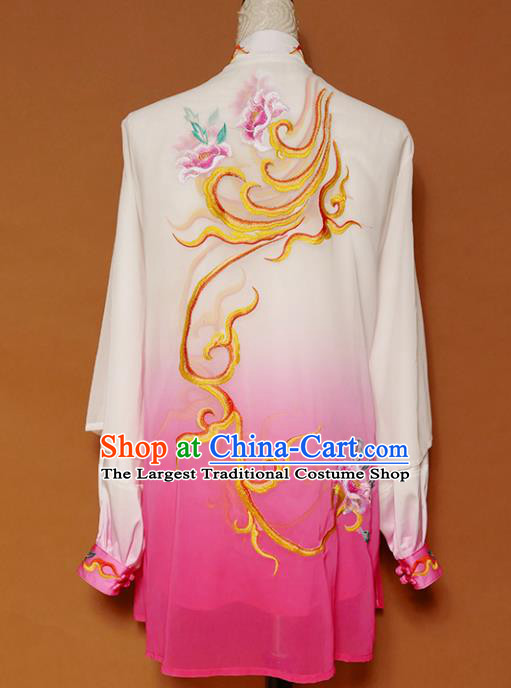 Chinese Traditional Best Martial Arts Embroidered Peony Rosy Costume Kung Fu Competition Tai Chi Clothing for Women