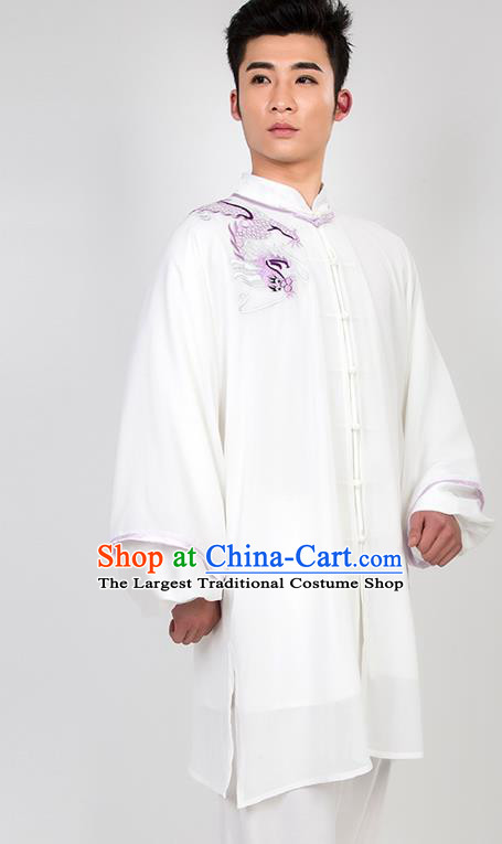 Chinese Traditional Martial Arts Competition Embroidered Dragon White Costume Kung Fu Tai Chi Training Clothing for Men