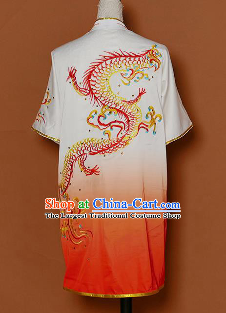 Chinese Martial Arts Competition Embroidered Dragon Orange Uniforms Traditional Kung Fu Tai Chi Training Costume for Men
